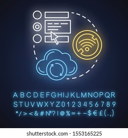 Working off-line neon light concept icon. Software development idea. Failed synchronization. Wifi connection error. Glowing sign with alphabet, numbers and symbols. Vector isolated illustration
