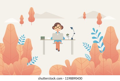 working ofice  on sea flat design,fantasy leaves background template vector illustration flat design