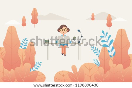 working ofice  on sea flat design,fantasy leaves background template vector illustration flat design