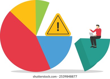 Working on 20 percent pie chart with exclamation attention sign on 80 part. Incident management, root cause analysis. Pareto principle. Modern vector illustration in flat style