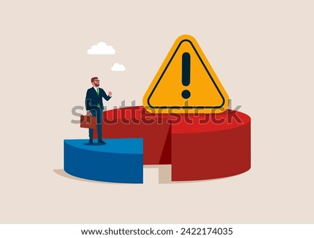 Working on 20 percent pie chart with exclamation attention sign on 80 part.  Incident management, root cause analysis. Pareto principle. Modern vector illustration in flat style