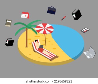 working on the beach during vacation