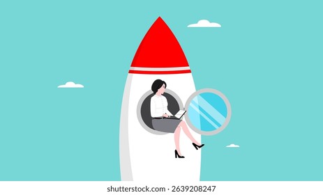 working on business startup with businesswoman working using a laptop while sitting on a rocket, launching a new business or product, startup project development concept vector illustration