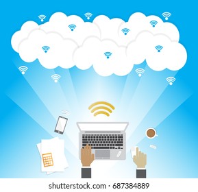 Working on cloud technology several connected online storage. Workplace laptop. Wireless cloud network and distributed computing. Wifi Internet Connectivity multimedia. Vector illustration.