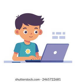 Working on a code, young kid learning programming with a laptop, flat vector illustration.