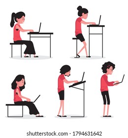 working on computer character and posture feature people sitting and standing with laptop 