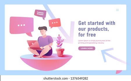 Рerson working on computer. Cool vector flat illustration character design isolated. Banner for web. Banner with text.