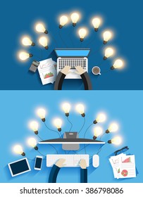 Working on computer with creative light bulb ideas, Vector illustration layout template modern design, View from above
