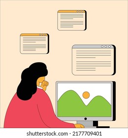 Working on computer flat design illustration