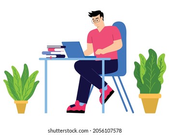 Arbeiten an einem Computer. Freelance, Online-Bildung oder Konzept sozialer Medien. Freelance oder Lernen von Konzepten. Flacher Stil. Vektorgrafik einzeln auf Weiß