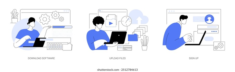 Trabalhando em conjunto de ilustrações isoladas do vetor de desenhos animados. Homem baixar software profissional no laptop, upload de documentos, gerenciamento de arquivos, inscrever-se on-line, registrar no site vetor cartoon.