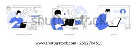 Working on computer isolated cartoon vector illustrations set. Man download professional software on laptop, uploading documents, file management, sign up online, register on website vector cartoon.