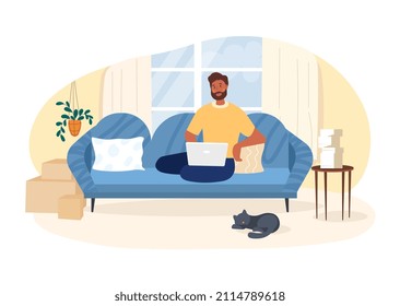 Working on computer. Yooung guy sitting on couch with laptop. Comfortable workplace. Freelancer and remote employee with pet. Collaboration on project, deadline. Cartoon flat vector illustration