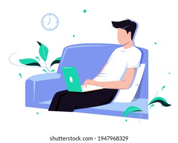 Working on a computer. Young man is sitting with laptop on the sofa at home. Freelance, online education or social media concept. Vector illustration isolated on white.