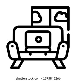 trabajando en el vector de icono de línea de sofá. trabajando en el signo del sofá. símbolo de contorno aislado ilustración negra