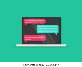 Working on desk on laptop with chatting notifications and analytics data on table illustration, social media marketing analysing, online dialog, statistics research, workplace table image