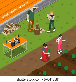 Working on family farm isometric composition with father splitting firewood mother planting seedlings and helping children vector illustration  