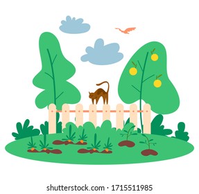 Working on a farm, farmer concept. Green field with plants and animals. Summer countryside view, agriculture concept. Living in the village. Isolated flat illustration