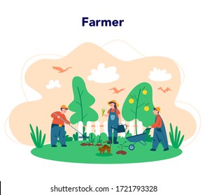 Working on a farm, farmer concept. Farmers working on the field, watering plants and feeding animals. Summer countryside view, agriculture concept. Living in the village. Isolated flat illustration