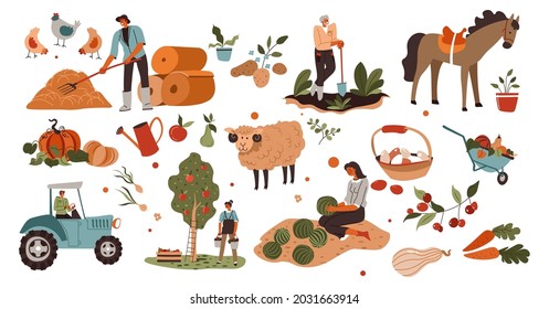 Working on field, agriculture and farming, using machinery and equipment for harvesting. Gathering apples, feeding animals and tending crops, vegetables and ripe fruits. Vector in flat style