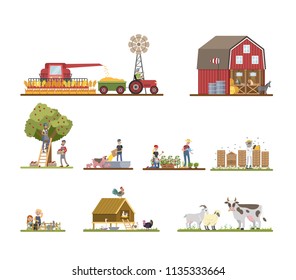 Working on a fram set. Farmers working on the field, watering plants and feeding animals. Domestic animals such as cow and pig walking around. Living in the village. Isolated vector flat illustration