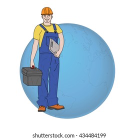 working on a globe. vector illustration