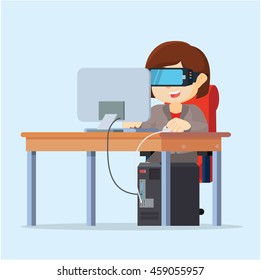 working on her desk with virtual reality