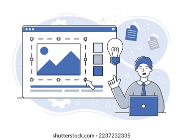 Working on idea. Young guy with laptop develops presentation. Preparation for public speaking and lectures. Marketing and promotion of product or service, advertising. Cartoon flat vector illustration