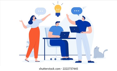 Working on ideas - Office businesspeople coming up with new idea talking and discussing with laptop computers. Flat design cartoon vector illustration with white background