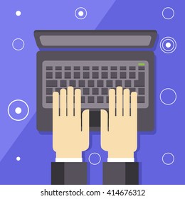 Working On Lap Top Flat Vector Illustration In Bright Colorful Simplified Infographic Style 