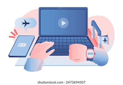 Working on a laptop in the airport terminal or in the business class on the plane. Businessman checking his watch before the flight, receiving emails while traveling. Vector illustration.