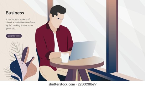 Working on Laptop Computer Desktop in Office Workplace Flat Vector Illustration
