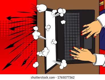 Working on a laptop computer from top view - comic book style, cartoon vector illustration.