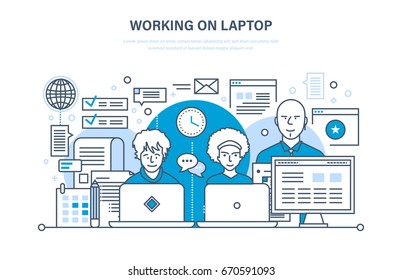 Working on laptop concept. People working on laptop, for business analysis, strategy, planning, training and education, group work in office, teamwork. Illustration thin line design of vector doodles.