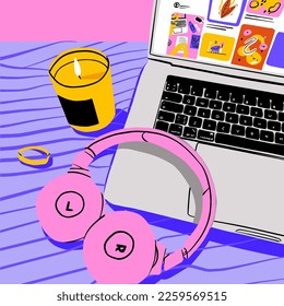 Working on a laptop in a cozy environment at home. Freelance girl. Internet business. Distant work. Girl listens to music on headphones and lights candles. Cool modern illustration