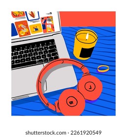Trabajar en un portátil en un ambiente acogedor en casa. Chica independiente. Negocios de Internet. Trabajo a distancia. Niña escucha música en auriculares y enciende velas. Ilustración moderna y atractiva