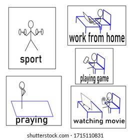 working on laptop, exercise, gym, sport, fitness training, watching movies, praying at home. Stay positive and healthy. Isolation coronavirus quarantine. Illustration set