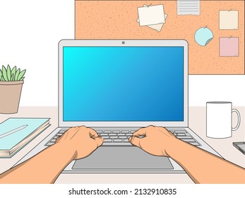 Working on a laptop, first-person view. Vector illustration