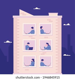Working on laptop and from home in the apartment vector illustration 