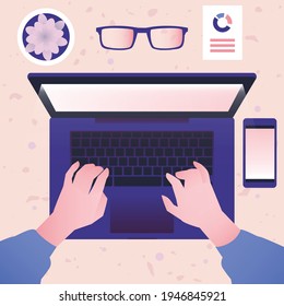 Trabajar con la ilustración de la laptop y del vector de casa 