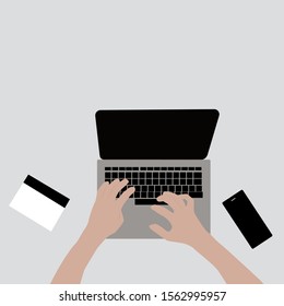 Trabajar en laptop, ilustración, vector sobre fondo blanco.