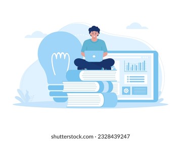 Working on a laptop, looking for ideas to analyze data, trending concept flat illustration