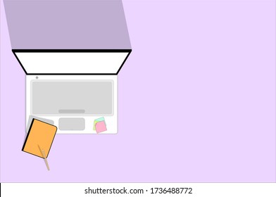 working on laptop with notebook, pencil and sticky notes. office theme. 