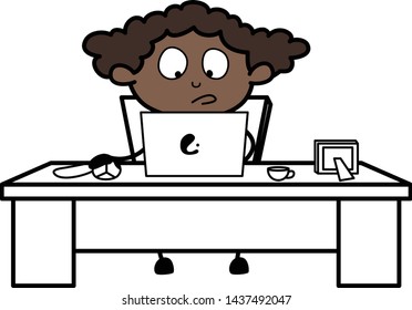 Working on Laptop - Retro Black Office Girl Cartoon Vector Illustration