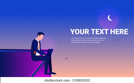Working on laptop on roof at night - Businessman sitting high up, writing on computer with moon and stars in sky. Work from anywhere, everywhere and freedom concept. Vector illustration.