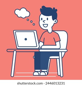  working on with laptop,  simple line art