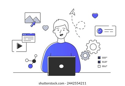 Working on laptop simple. Man sitting at workplace. Businessman or entrepreneur with computer. Employee, worker and freelancer. Doodle flat vector illustration isolated on white background
