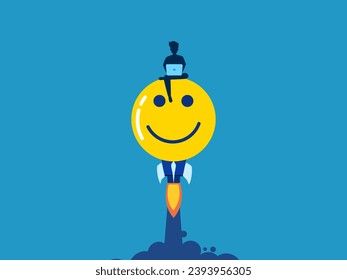 Working on laptop, thinking positively. Businessman working happily on rocket