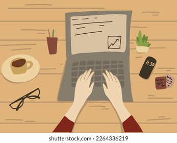 Working on laptop, typing on computer flat vector illustration