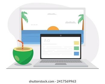 Working on a laptop while traveling, looking at the lake view during sunset while drinking a coconut. Character design. Vector flat illustration